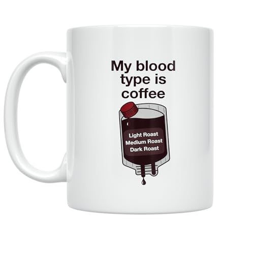 Coffee Lover Coffee Mug - My Blood Type Is - 11 oz White Ceramic - Whimsical Medical Bag Design