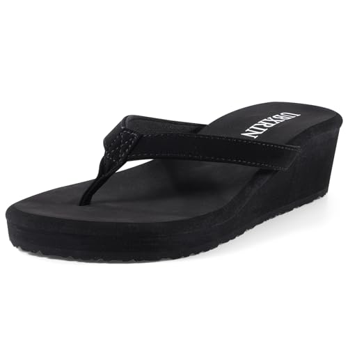 UBXRIN Women's Wedge Flip Flops Comfortable Arch Support Platform Thong Sandals Beach Pool Casual Summer Slip-On Shoes,2 inch Black US7