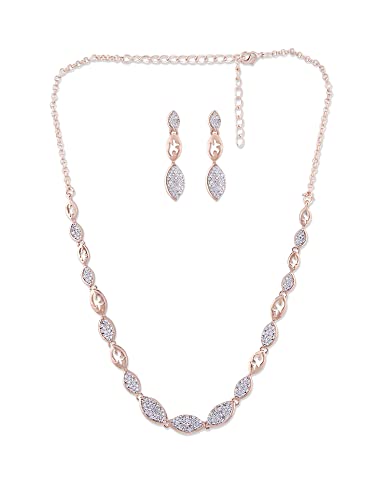 Image of Ami Rose Gold Dazzling Cubic Zirconia Designer Contemporary Necklace & Earring Set For Women-ZPFK20055