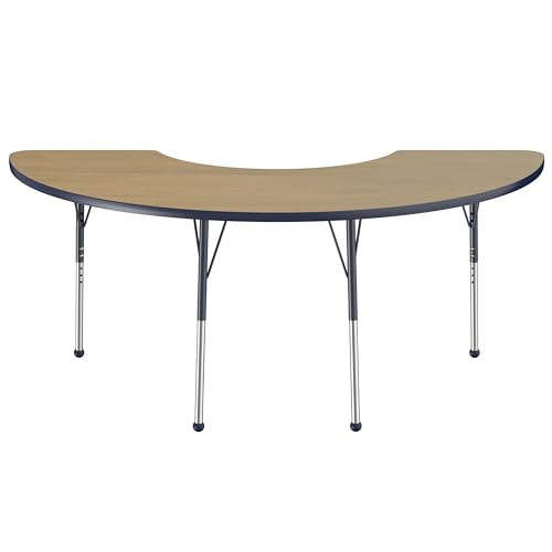 Image of FDP Half Moon (36 x 72) Classroom Teacher Table with Adjustable Standard Ball Glide Legs (19-30 in) School and Office Furniture - Pasadena Oak Top /Navy Edge and Legs