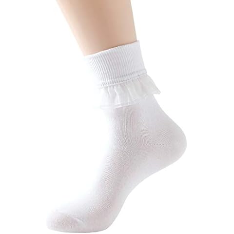 SRYL Women Ankle Socks Lace Turn-Cuff, Cute Ruffle Frilly Comfortable Cotton Socks Ladies Girl Princess,YYS09 (White-1 pairs) Cover