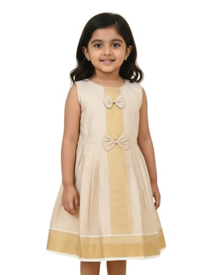 Nila Girls' Beige Traditional Frock with Vertical Gold Panel & Double Bows-image-7