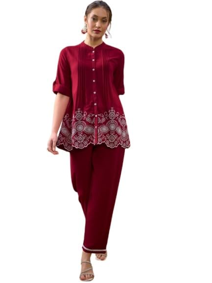 Maroon Embroidered Co-ord Set, Women's Tunic Top with Pants, Button Front with Scalloped Hem Detail