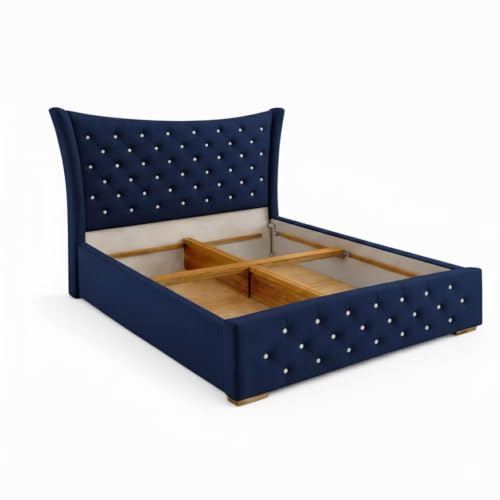 Image of Luxury Queen Size Upholstered Storage Bed with Diamond Tufted Padded Headboard | Premium Velvet Fabric Platform Bed Frame | Solid Wood Structure | Modern Bedroom Furniture | Navy Blue