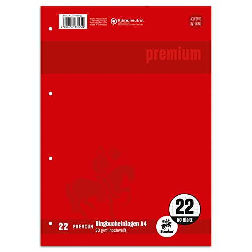 Staufen Premium Ringbucheinlagen - DIN A4, Lineatur 22 (5mm kariert), 50 Blatt, 4-fach Lochung, 90g/m² Premium Papier, 1 Stück