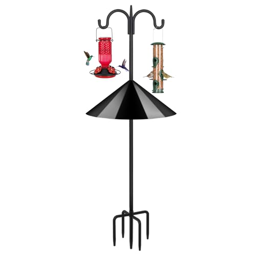 Image of FEED GARDEN Heavy Duty Shepherds Hook Squirrel-Proof Bird Feeder Pole 108 inch Double Hooks 5-Prong Base & 19 inch Baffle for Outdoor Feeders & Plants