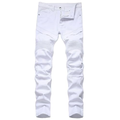 Jeans Pants Trousers Denim Trendy Street Tight Personalized Wrinkle White Retro Casual Commuter Straight Leg Small for Men(White,31)