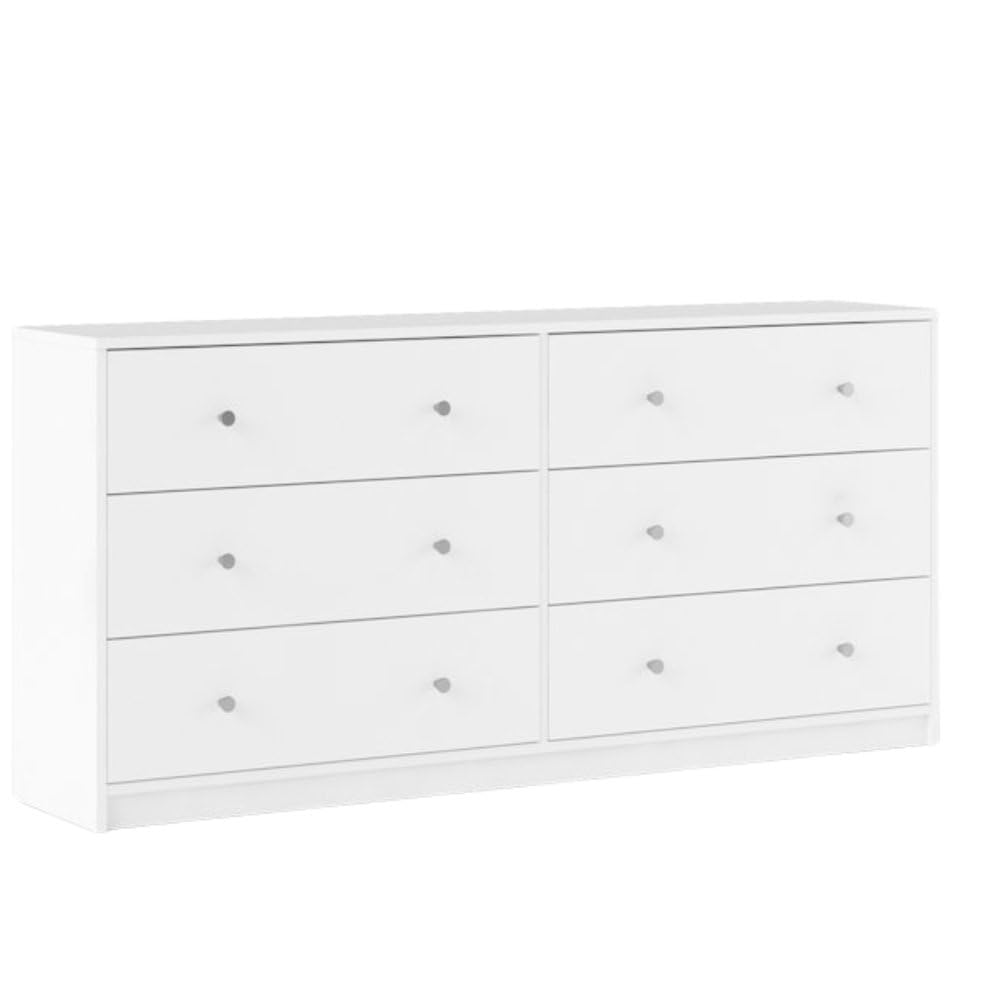 White 6 Drawer Double Dresser – Modern Bedroom Storage Organizer with Pewter Knobs, Smooth Glide Drawers, Scandinavian Style, Engineered Wood
