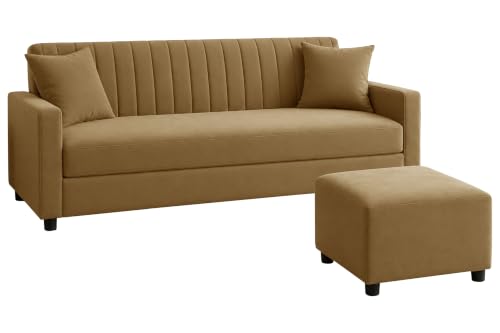 Image of 3 Seater Wooden Sofa Set with Ottoman for Living Room | Premium Velvet Fabric Wooden Frame | Modern Design | Comfortable Cushioned Sofafor Home, Office & Lounge | Golden
