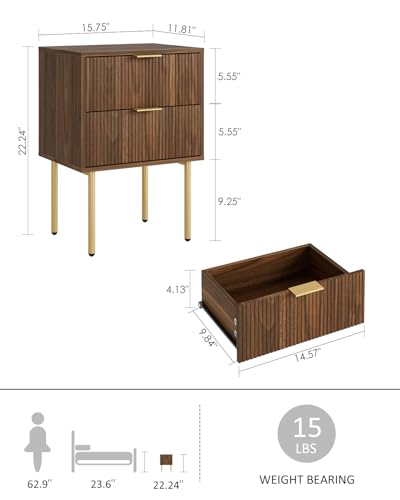 AEPOALUA Nightstand,Morden Bedside Table with Gold Frame,Small Night Stand,End Table,Bedside Furniture,Side Table with Drawer and Shelf for Bedroom,Living Room (2Drawers, Walnut Brown)
