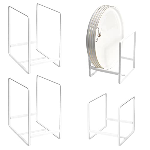 Plate Holders Organizer for Kitchen Cabinet Counter Cupboard, 4Pcs Metal Dish Storage Drying Display Rack, Upright Stand for Storing Pans Lids Dish Trays (2 Small and 2 Large, White)