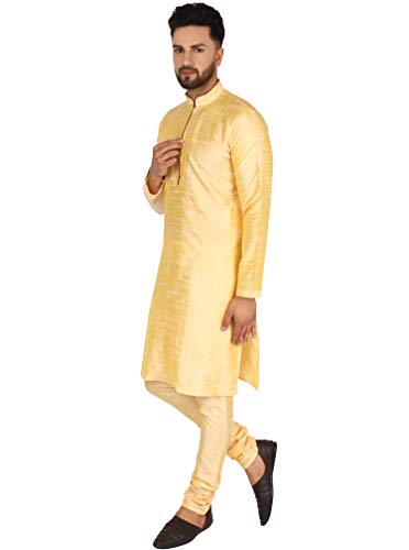 Image of SKAVIJ Men's Art Silk Thread Work Kurta Set Woven Design Festive Embroidered Ethnic Dress (KP028beige Beige L)