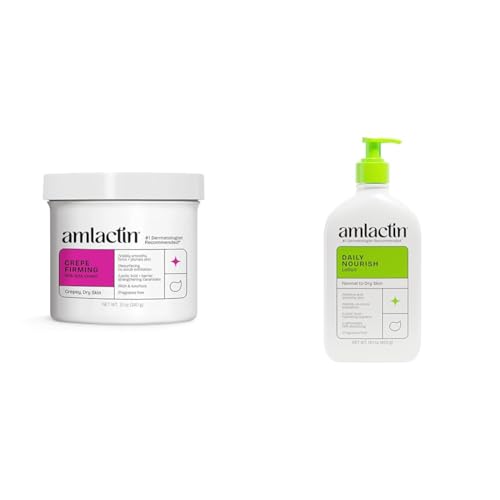 Image of AmLactin Crepe Firming Cream - 12 oz Body Cream with 15% Lactic Acid - Exfoliator and Moisturizer for Crepey, Dry Skin & Daily Nourish 12% - 14.1 oz Body Lotion with 12% Lactic Acid
