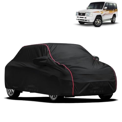 Image of Waterproof Car Cover for Tata Sumo | All-Weather Protection, Dustproof & UV Resistant | Triple Stitched Mirror Pockets, Windproof Buckle Strap with Elastic Hem, Black-Red Piping