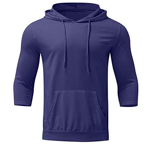 Men's Solid Color Hooded with Pocket Sweatshirt Lace-up Pullover 3/4 Sleeve Top for Fall(Blue,M)