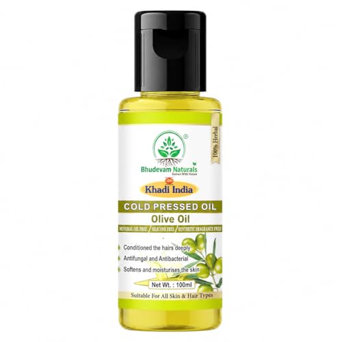 Image of Khadi 100% Pure Cold Pressed Olive Oil for Hair, Skin & Body Massage | Natural Moisturizing Oil for Dry Skin & Hair Care | Multipurpose Oil for Body Massage, Hair Nourishment & Moisturizing- 100GM