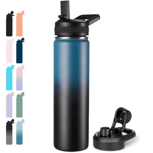 Image of Fijinhom 24 oz Insulated Water Bottle with Handle, 304 Stainless Steel Water Bottles with 2 Lids, Double Wall Vacuum Sports Water Cup with Straw, BPA Free, Keep Cold and Hot, Blue /Black