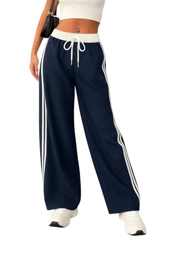 Image of SAKHWALA Women Track Pant | Women's Wide Leg Track Pants High Waist Drawstring Sweatpants with Side Stripes, Casual Loose Fit Lounge Joggers, White