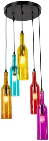 Colorful Glass Beer Bottle Chandelier, Bar Lights Hanging Wine Lamp, 5 Heads Beer Bottle Pendant Light with 5 Color Glass Lampshade for Living Room Bar Club (Round)