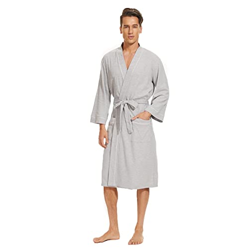 Mnemo Peignoir de Bain Homme Gaufré Kimono légère Waffle Robe de Chambre Coton Organique, Gris, L