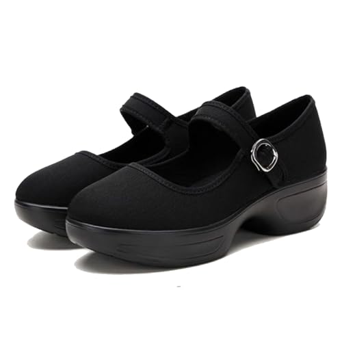 Women's Canvas Platform Mary Janes Pumps with Adjust Buckle Strap Casual Comfortable Closed Round Toe Orthopedics Block Heels Sandals for Prom Work Walking Shoes