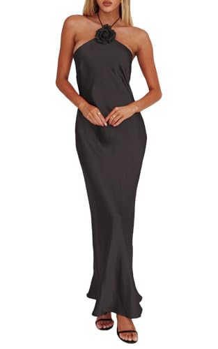 Summer Satin Halter Backless Maxi Dresses for Women 2025 Silk Sleeveless Formal Wedding Guest Long Dress