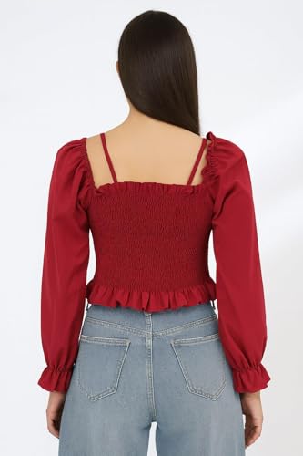Image of ICW Women Korean Retro Style Vintage Floral Jacquard Lace-Up Off-The-Shoulder Smock Puff Sleeve Ruffled Crop Blouse Corset Top Dn81 (One Size XS-S) 2403