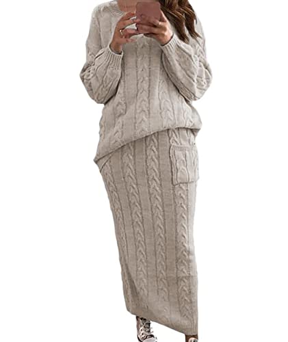 Image of Sexyshine Women's Cable Knit Long Skirt 2 Piece Outfit Chunky Oversized Pullover Sweater Top and Long Pencil Skirt Sets