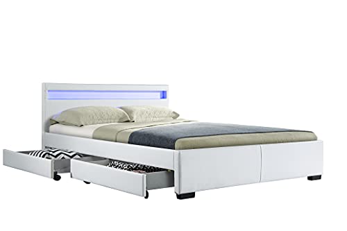 Lit Drawer PU Blanc 160x200 cm + LED & 4 tiroirs