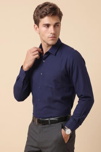 Image of Peter England Men's Premium Solid Herringbone Regular Fit Full Sleeve Formal Shirt | Wonder Fabric | Cotton Rich
