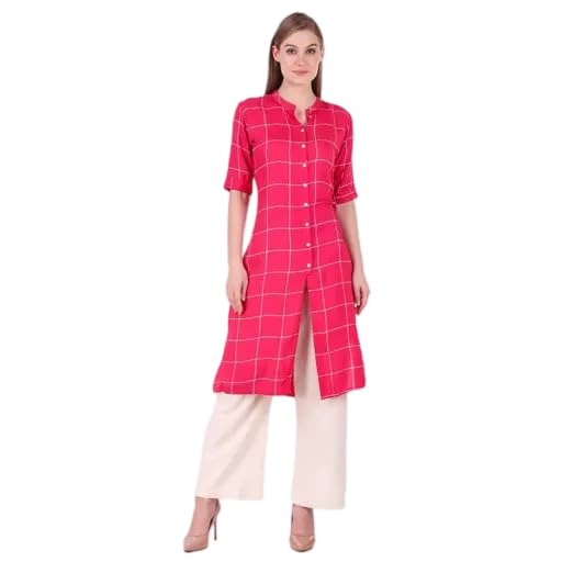 Vishal' Women's Round Neck Checkered 3/4th Sleeves Front Slit Button Detailing Kneelength Straight Kurti-image-18