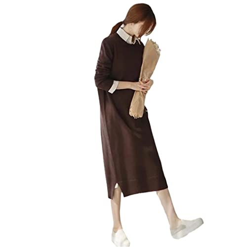Robe chandail tricot col rond en maille épaisse couleur café XL