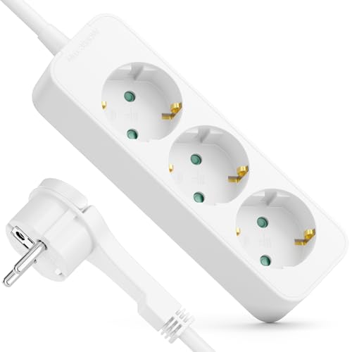 deleyCON Multiprise 3 Prises avec Fiche Plate - 1,4m Câble - Idéal Derrière Meubles, Bloc Prises Distributeur Rallonge Alimentation 3680W 16A - Blanc