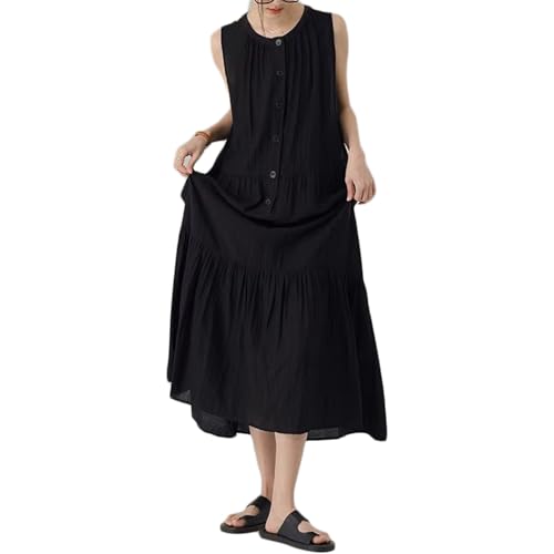 Image of Tank Dress for Women Summer V Neck Casual Solid Color Sleeveless Beachs Loose Long A Line Dress (US, Alpha, Large, Regular, Regular, Black)