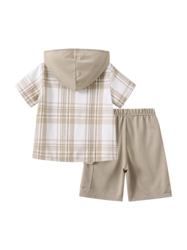 Image of Boys Clothes Shorts Sets Plaid Short Sleeve Hooded Button Shirt and Jogger Shorts for Kids Summer Outfits