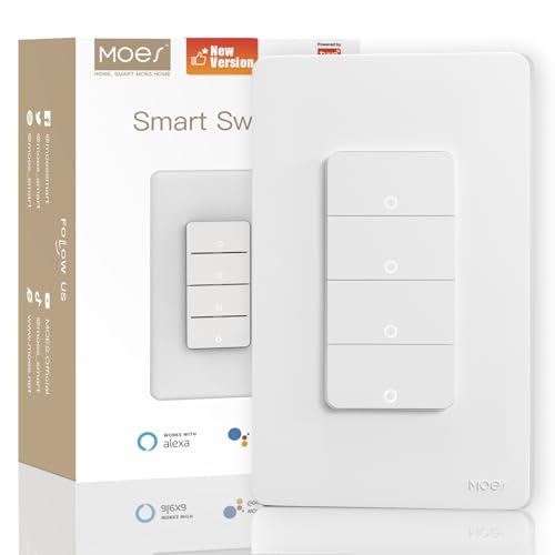 MOES Smart 4 Gang Light Switches, 2nd Generation Wi-Fi Single Pole Switch, Netural Wire Required, Inteligente Switch Combo Compatible with Alexa Google Assistant, Remote Control