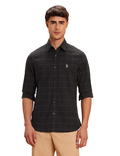Image of U.S.Polo Association Men's Tailored Fit Windowpane Checked Shirt (USSHT3027 Dark Brown 48)