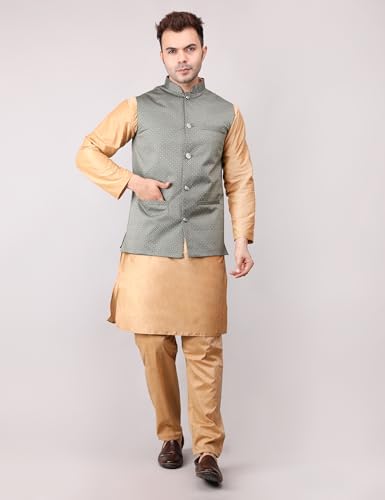 Image of Men's Cotton Silk Blend Regular Kurta Pyjama, Embroidered Nehru Jacket /Waistcoat Set
