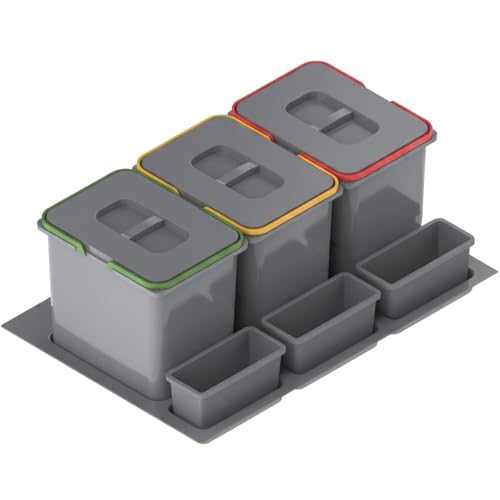 REJS Système de Tri Sélectif Cuisine pour Meuble de 80 cm 3 Bacs 72,5x49x30 cm (3x 15L) avec Couvercle Poubelle Encastrable pour Tiroirs Set de Bacs à...