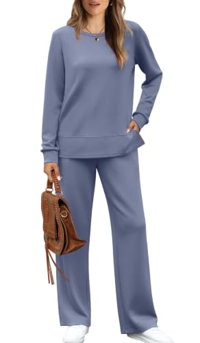 Image of WIHOLL Women's 2 Piece Lounge Sets Sweatshirt Casual Travel Outfits Fashion Wide Leg Tracksuit Cozy Sweatsuits