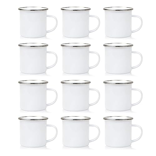 MAIKESUB 12Pcs Sublimation Blank White Enamel Mug 12 OZ with Silver Rim Camping Travel Coffee Metal Mug Can be used as a gift for Christmas Thanksgiving Mother's Day Father's Day