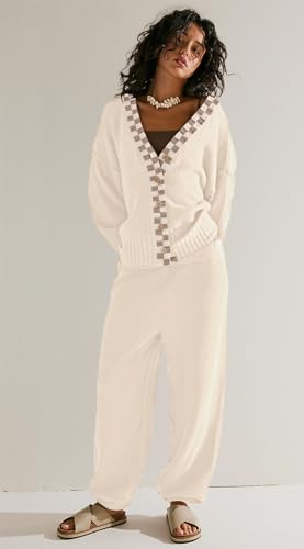 SAUKOLE Womens Two Piece Outfits Knit Sweater Sets Oversized Button Down Cardigan and Long Pants Matching Lounge Set2