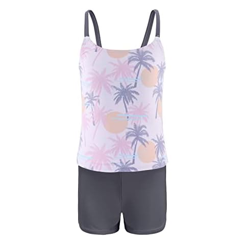 Girls Tankini Swimsuits Two Piece Bathing Suit with Boyshorts for Girls Hawaiian Swimwear Set 3-16 Years, Palm Pink, 6-7 Years Cover