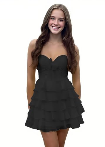 Strapless Homecoming Dress for Teens 2025 Bow Tiered Chiffon Short HOCO Dress L01020