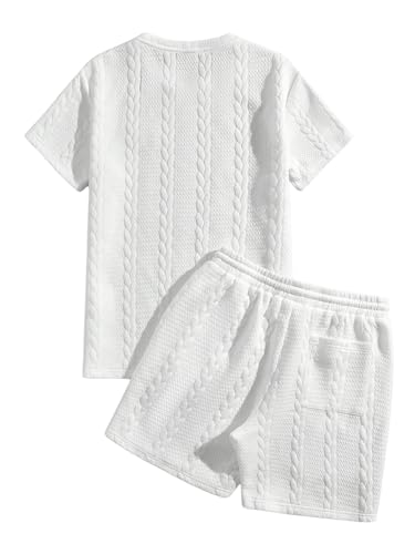 Floerns Men's 2 Piece Outfits Cable Knit Letter Patched Crewneck Tee and Shorts Sets2