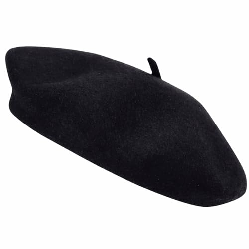 Generisch Französische Baskenmütze aus Wolle für Damen und Herren Klassisches Unisex Barett Einfarbig Schwarz Weich Warm und Vintage Künstlerhut für Erwachsene