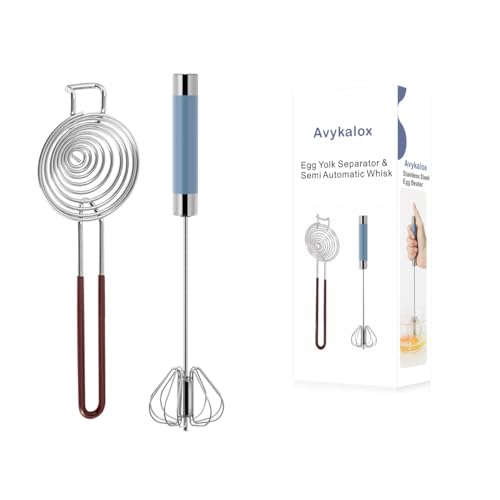Avykalox Semi Automatic Whisk & Egg Yolk Separator, Stainless Steel Mini Hand Push Whisk, Hand Mixer Egg Beater Wisking Tool & Egg Separator for Raw Eggs Set, for Cooking, Baking