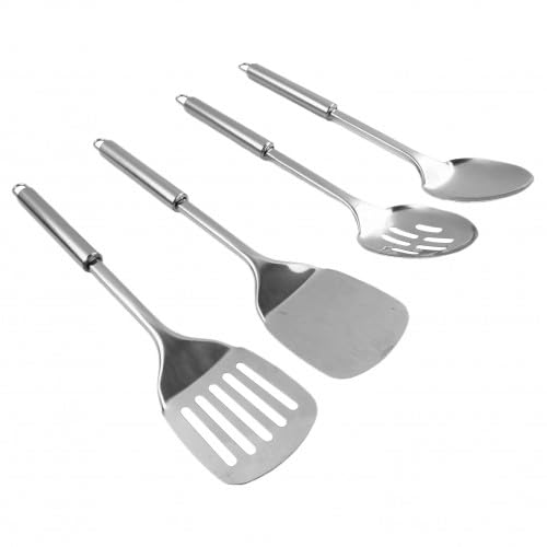 Stainless Steel Kitchen Utensils Set, 4 Pieces for Cooking and Serving, Includes Spatula, Slotted Spoon, Rice Spoon and Flat Flipper, for Home, Restaurant and Banquet Use, Thin
