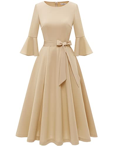 Homrain Damen Vintage Kleider Bell arm Cocktail Kleider für Hochzeitsgast Langarm Midi Kleid für Kirche Abendkleid Champagne XL