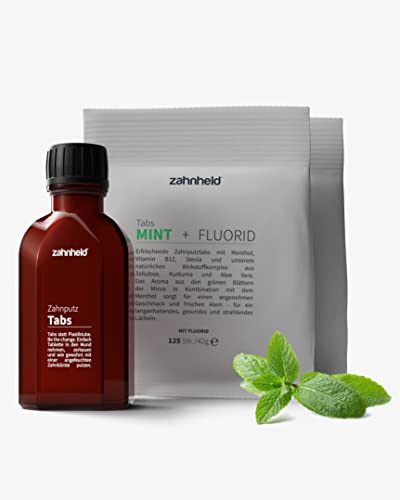 Zahnheld Starterset Zahnputztabletten MINT, mit Fluorid (2 Tüten á 125 Tabs + Glas), superglatte Zähne durch Zellulose und Kieselsäure, Minzgeschmack, Plaque & Kariesschutz, Vegan, Naturkosmetik Cover